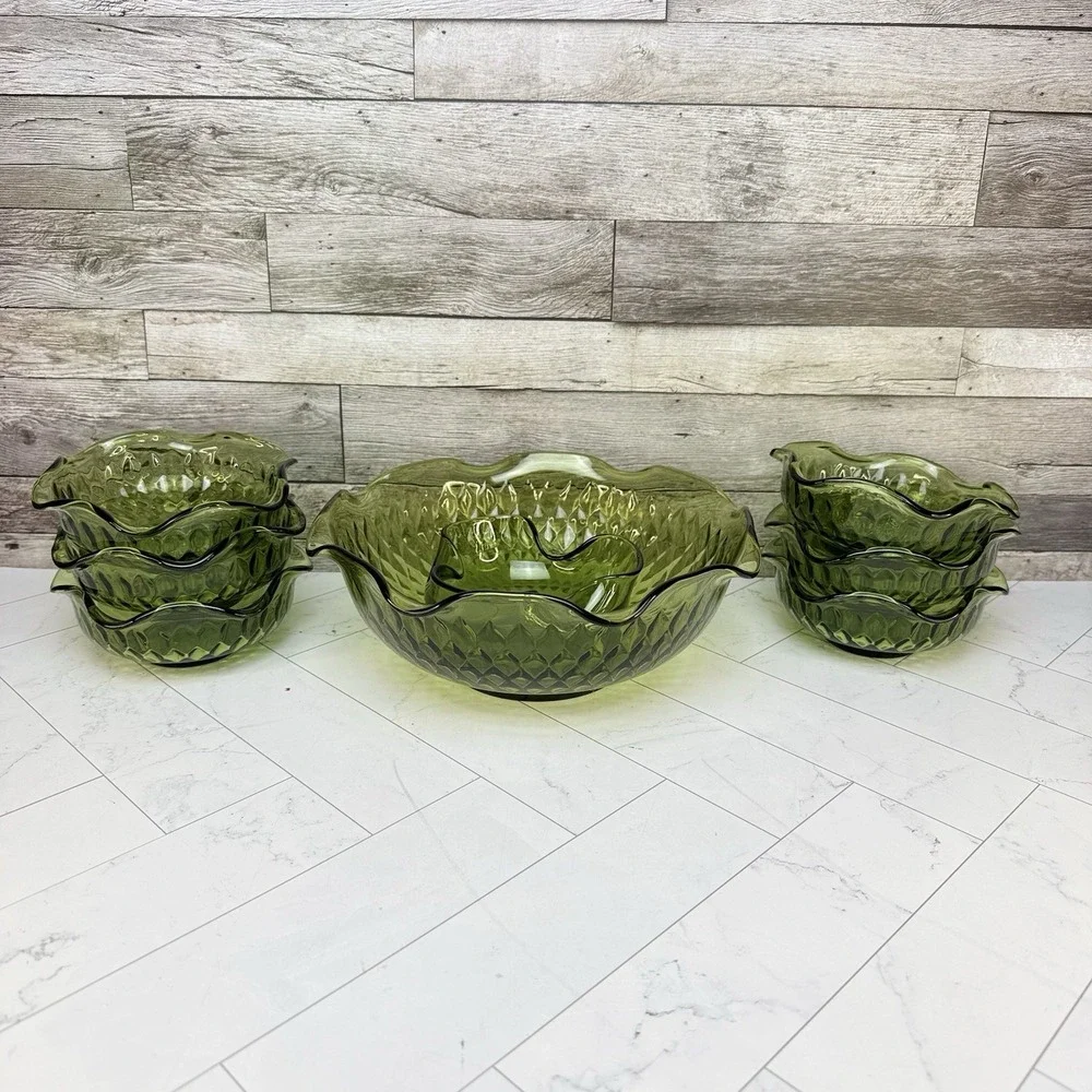 Indiana Glass Avocado Green Diamond Point Ruffled Serving Bowls - Set of 8
